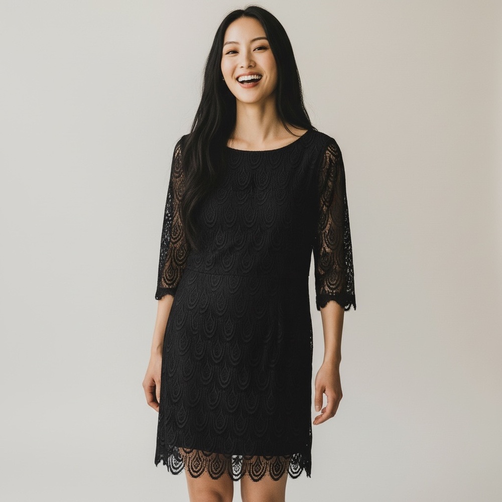 Lilly Pulitzer Black Lace Shift Dress Scalloped Hem 3/4 Sleeve size 10 AR41 - Picture 1 of 5